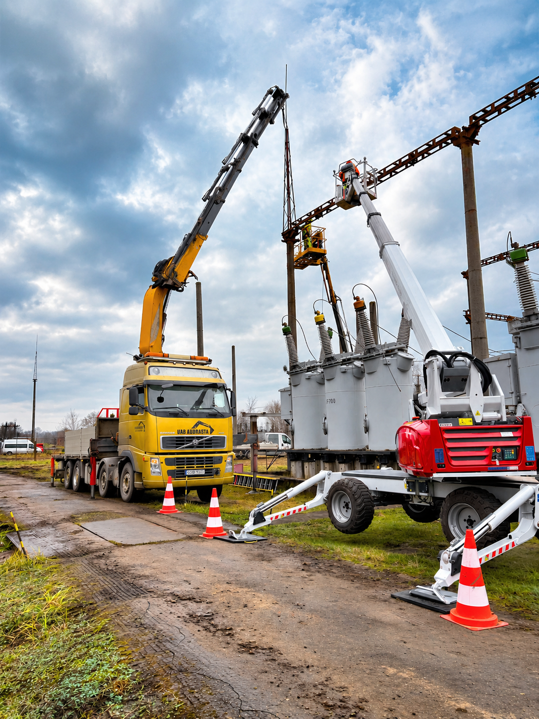 Darbuotojai kranu aptarnauja elektros transformatorinę lauko sąlygomis